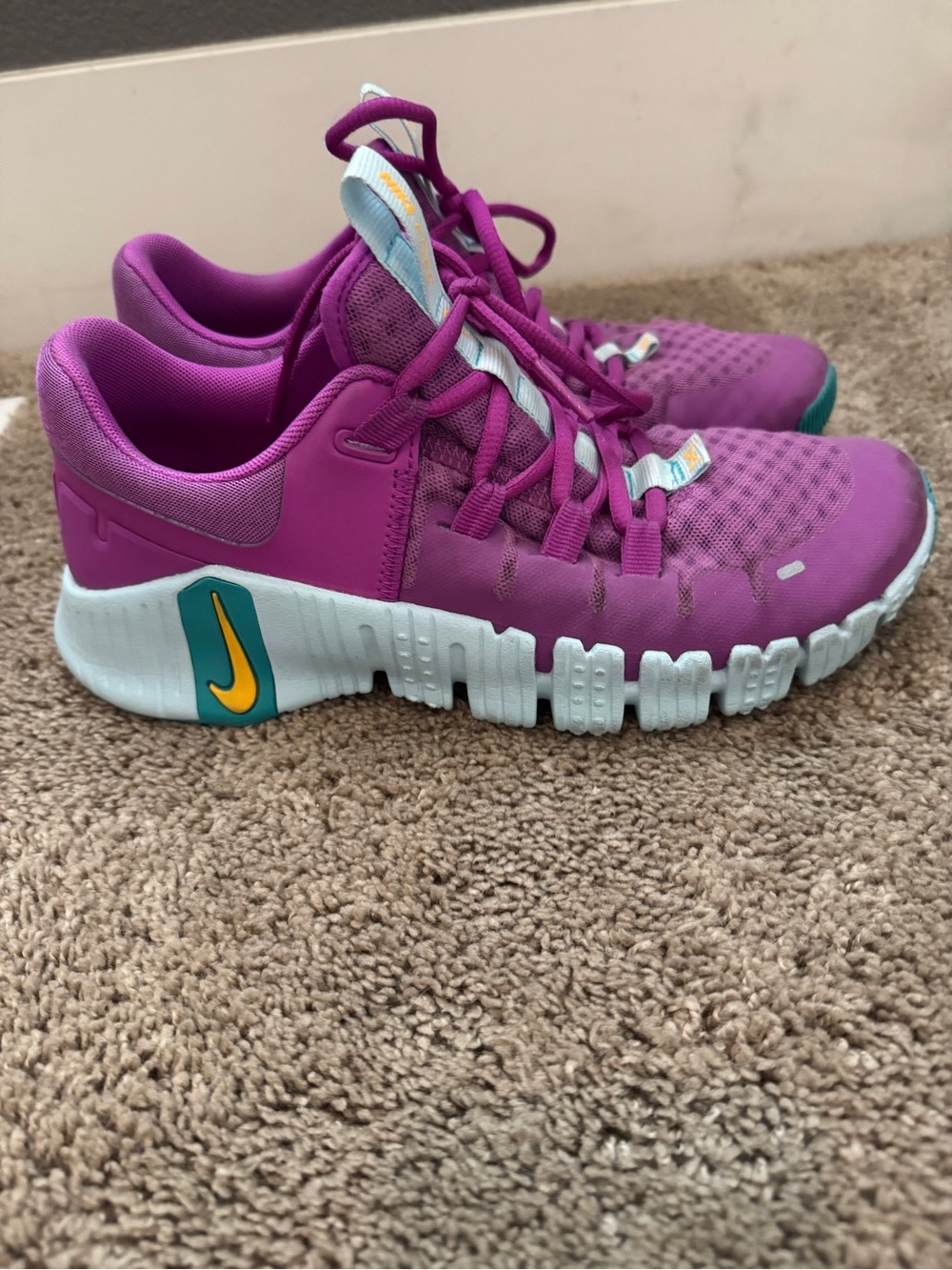 Nike Womans Purple & Teal Athletic Sneakers with Yellow Swoosh